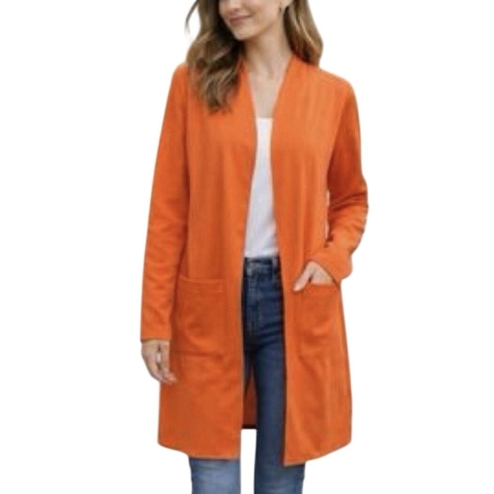 Carolina Belle Montreal Orange Open Front Longline Duster Cardigan‎ M Pockets
